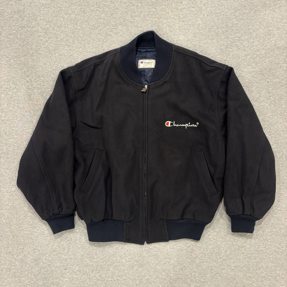 Vintage 80's Champion Bomber Jacket Men's Size XL Black Spellout Made In USA